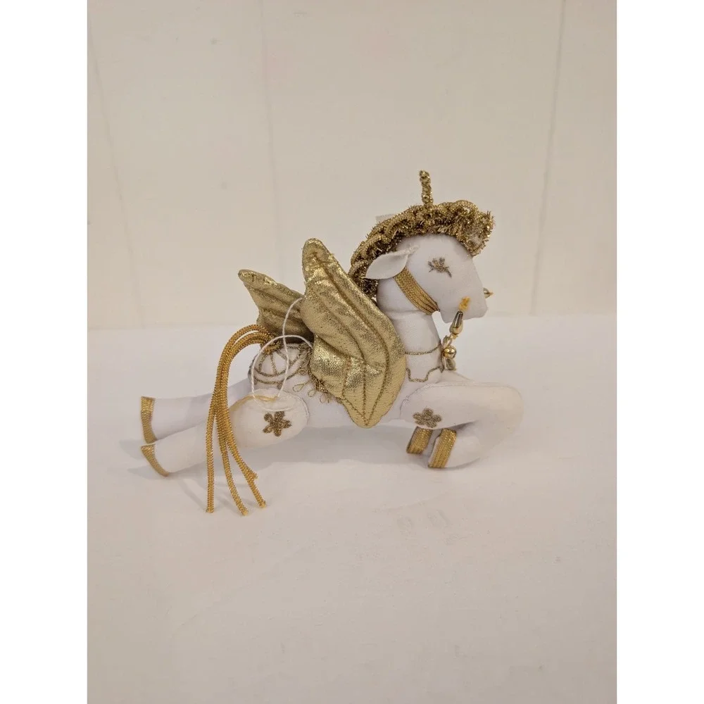 Flying Unicorn Pegasus Christmas Ornament Plush White Gold 6